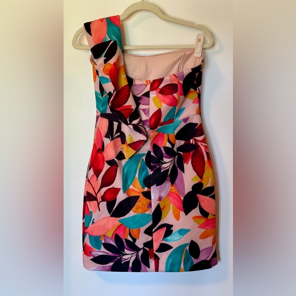 Alexia Admor Victoria One Shoulder Ruffle Pink Tropical Party Mini Dress- Size 8 - Picture 10 of 10